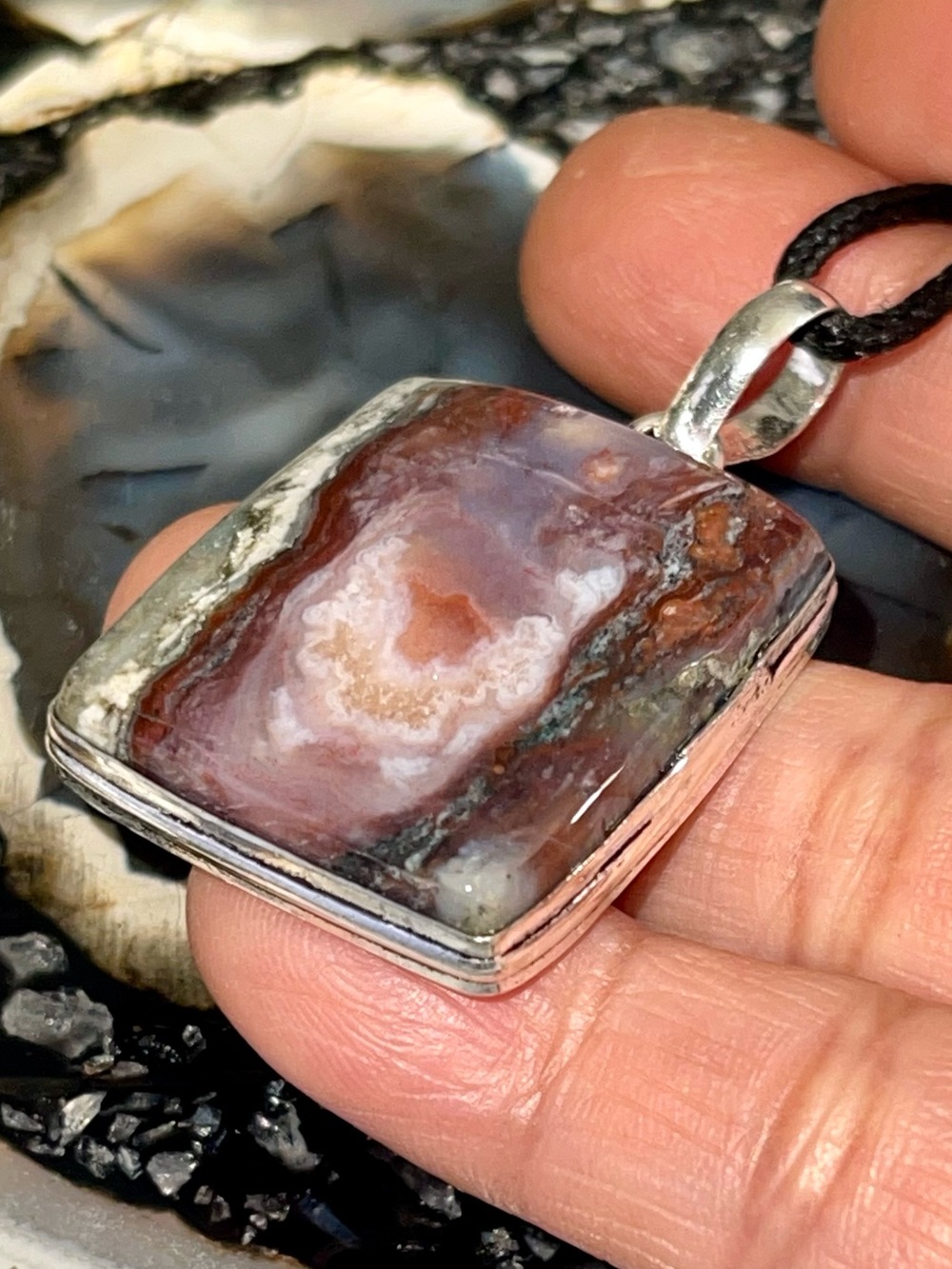 Rectangular Crazy Lace Agate Pendant 1 1/2”